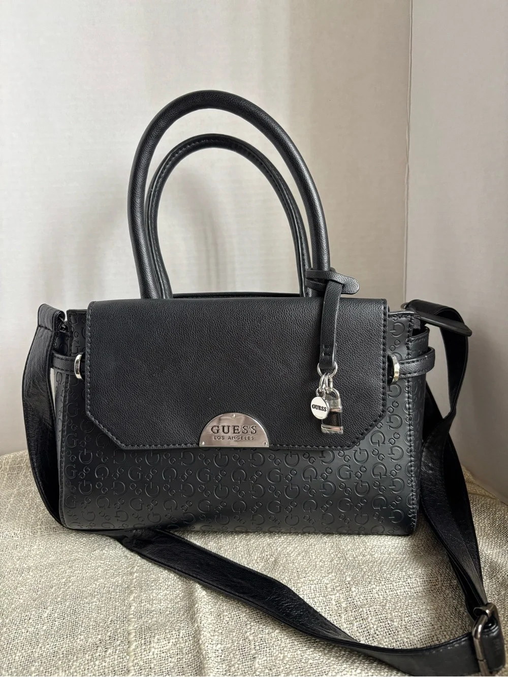 GUESS Black Logo-Embossed Top-Handle Satchel with Lock Charm